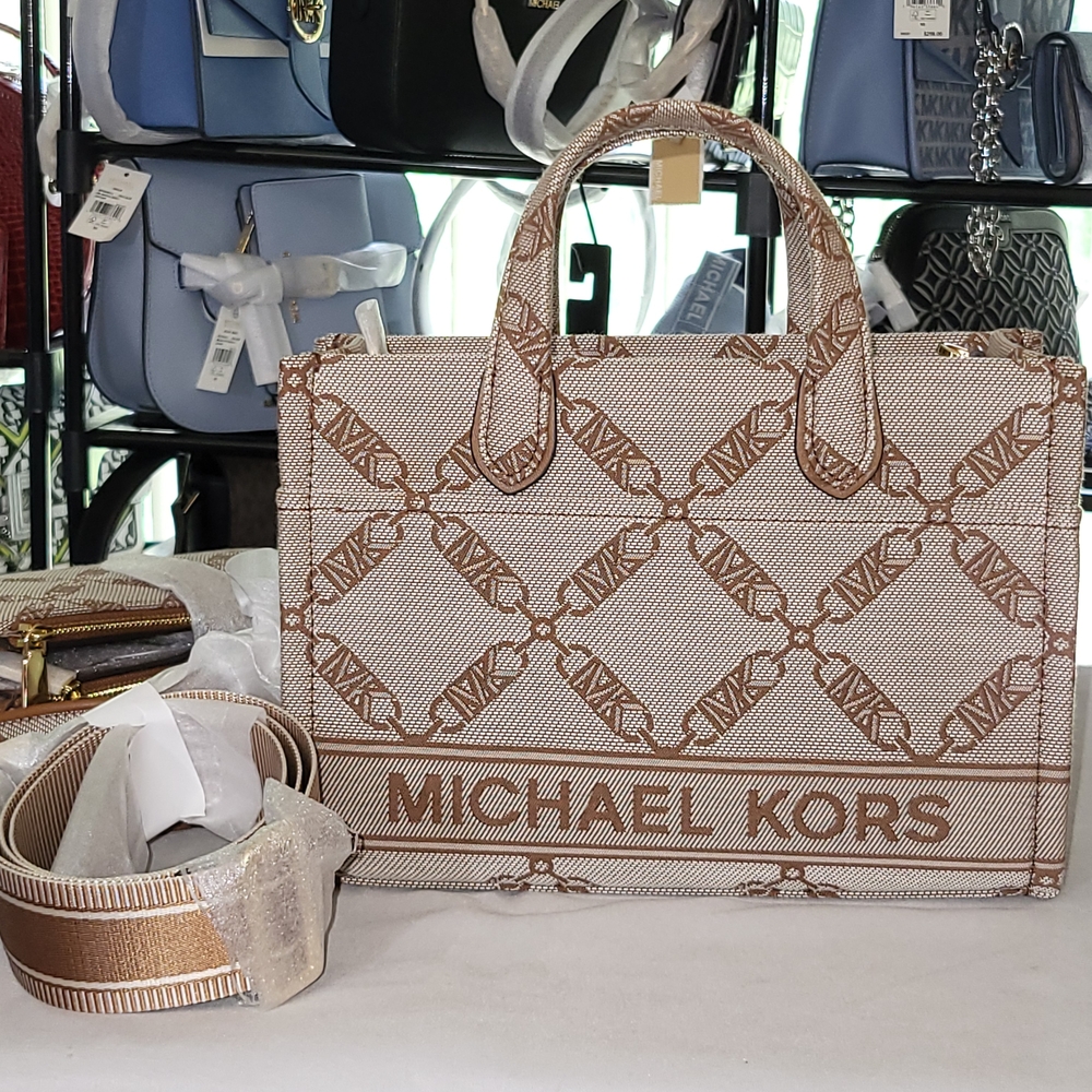 Michael Kors Brown Logo Tote Bag/Wallet/Belt Set   Natural/Luggage - Picture 2 of 10